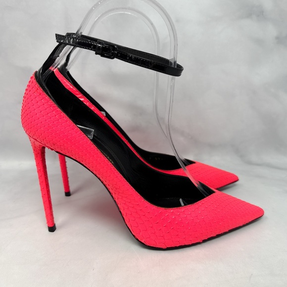 Saint Laurent Zoe 105 Ankle Strap Leather Snakeskin Pointed Toe Pump Heels Neon - Picture 2 of 16